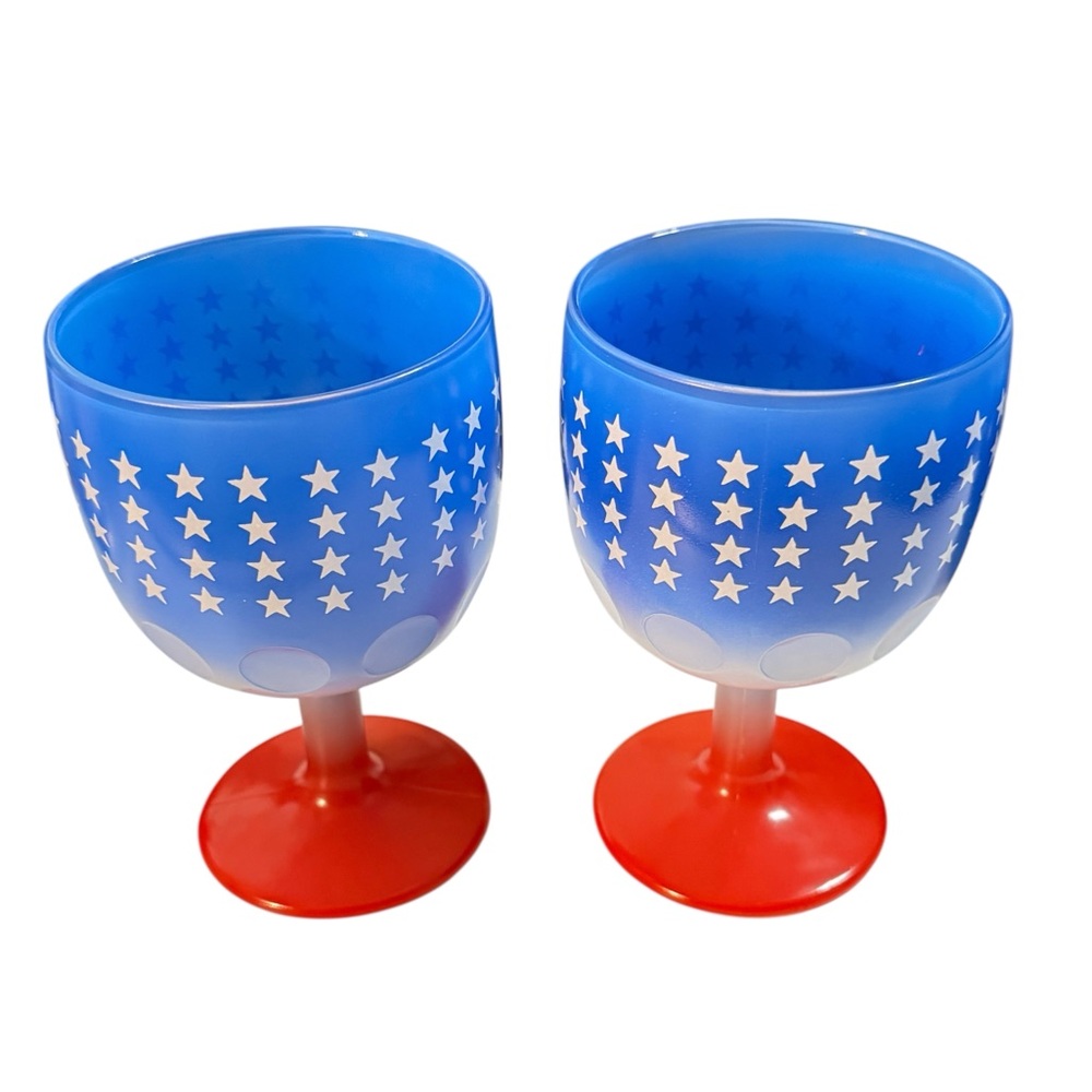 Vintage Pair of Blue & Red Thumbprint Goblets | Stars Patriotic Pressed Glass 6" - Picture 14 of 16